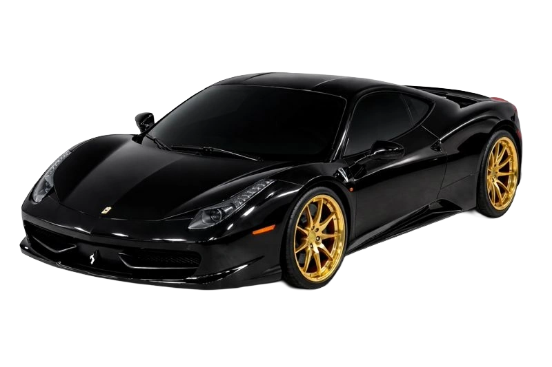 Black sports car with gold wheels after window tinting - dark tinted windows