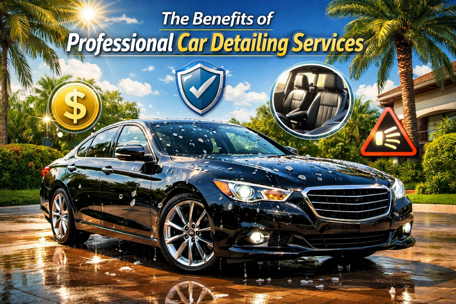 Shiny black luxury sedan post-detailing with benefit icons for resale value, protection, and hygiene in a sunny Florida setting, highlighting professional car detailing advantages.