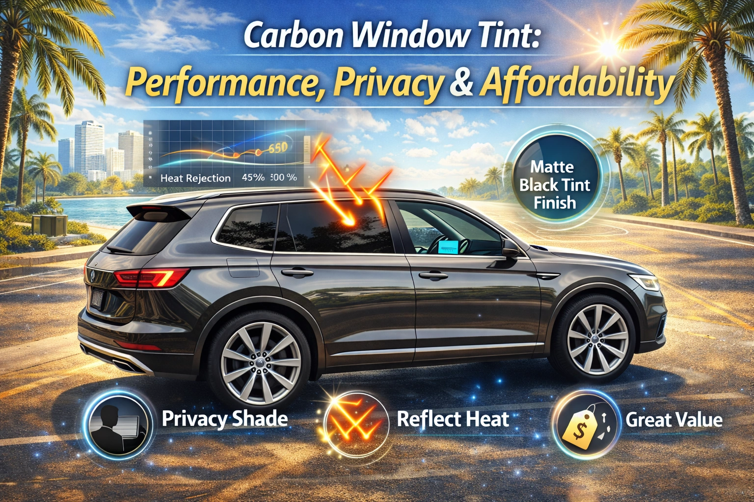 Gray SUV with carbon window tint on a sunny Florida street, showcasing matte finish, privacy, heat rejection, and affordability benefits in a coastal environment.