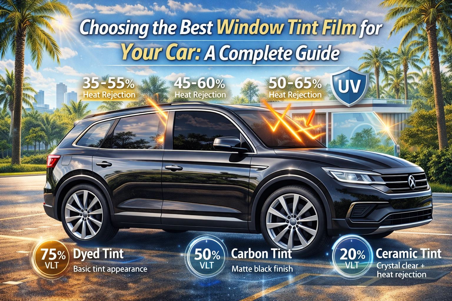 Black SUV illustrating comparisons of dyed, carbon, and ceramic window tint films with performance icons in a sunny Florida setting, for a guide on choosing the best car tint.