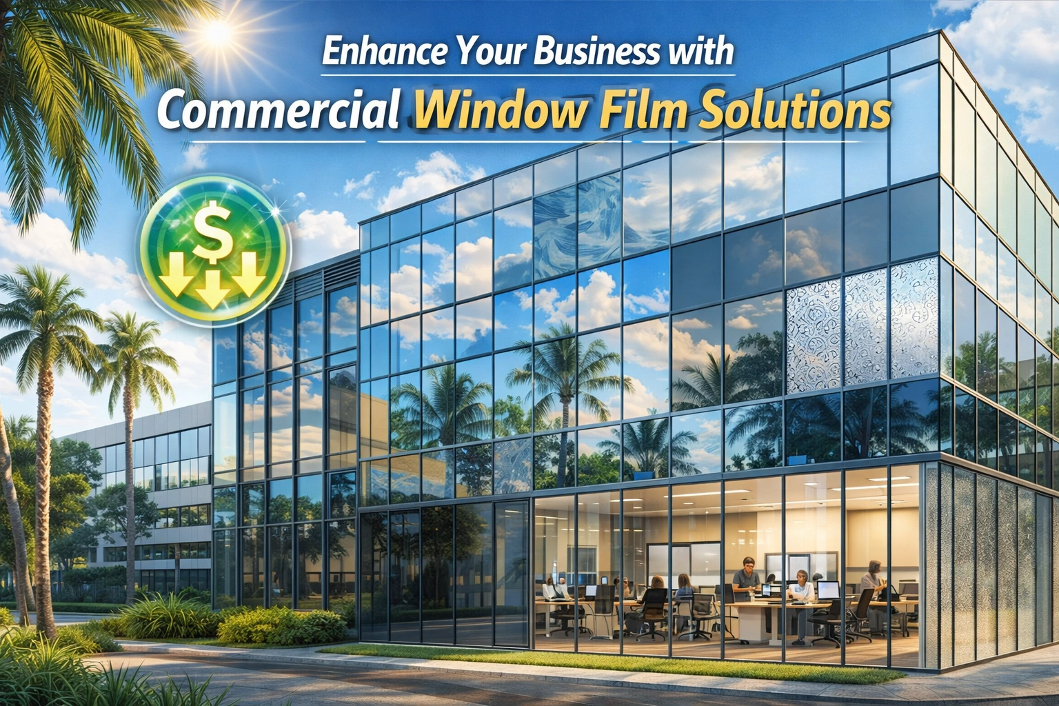 Modern office building facade with commercial window film applications demonstrating solar control, privacy, and energy efficiency benefits in a sunny Florida setting.
