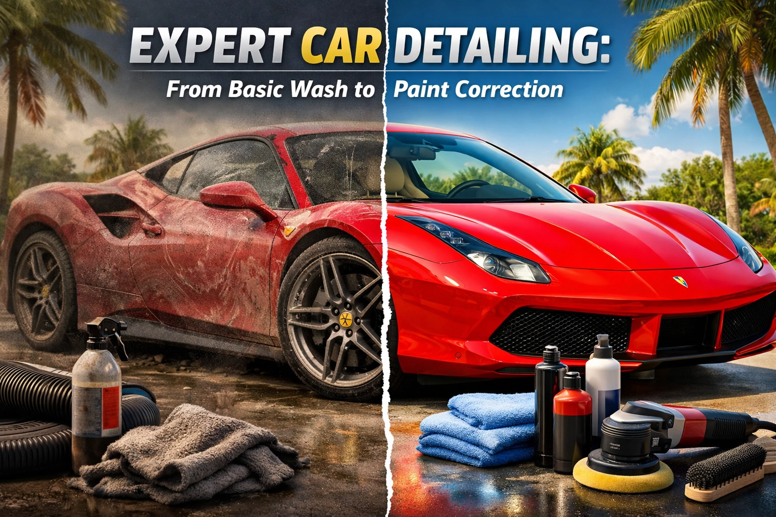 Split-view illustration of a red sports car before and after professional detailing, showing transformation from dirty to polished exterior and clean interior in a sunny setting.
