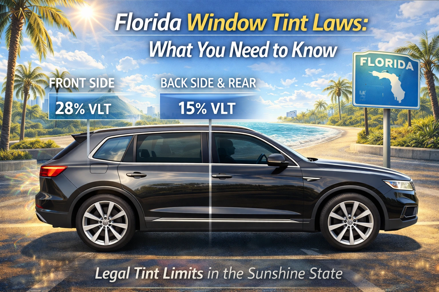 Illustration of a black SUV with legal window tints on a sunny Florida road, highlighting VLT limits for front and rear windows in a coastal setting.